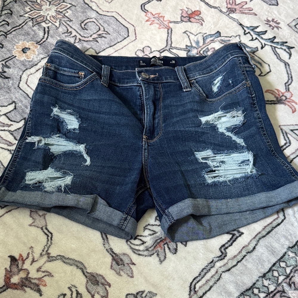 Hollister Blue Distressed Jean Shorts with Cuffed Hems